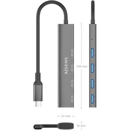 Aisens Hub USB 3.1 USB-C con 4 puertos USB 3.0, Gris